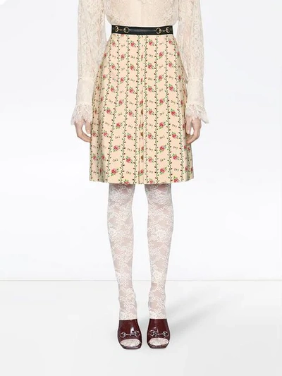 Shop Gucci Rose Print Silk Skirt In White
