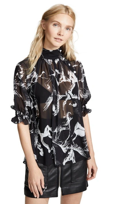 Shop Adam Lippes Mock Neck Blouse With Smocked Sleeves In Black Pony