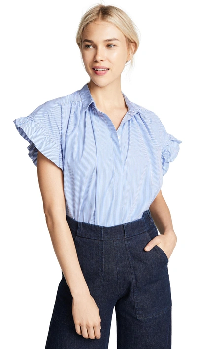 Shop Birds Of Paradis Marianne Ruffle Sleeve Shirt In Blue/white Stripe