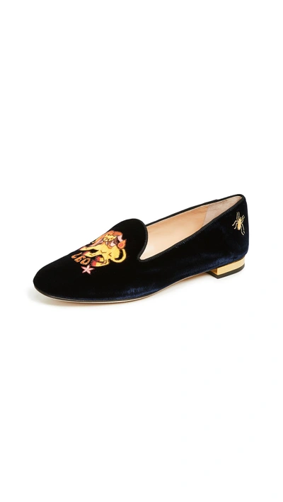 Shop Charlotte Olympia Leo Embroidered Flats In Midnight Blue