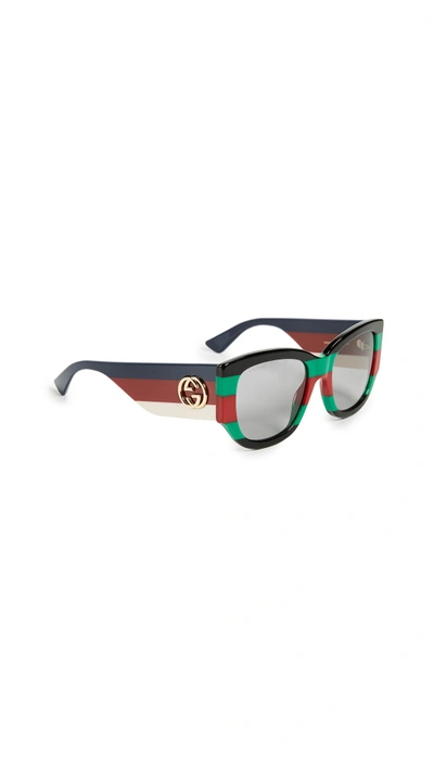 Shop Gucci Sylvie Bold Cat Eye Sunglasses In Black Green Red/solid Grey