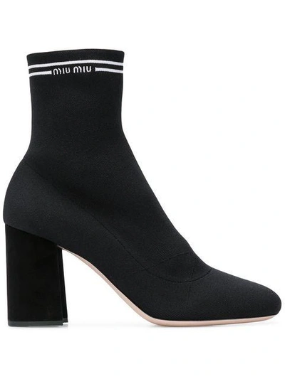 Shop Miu Miu Logo Sock Ankle Boots In Black