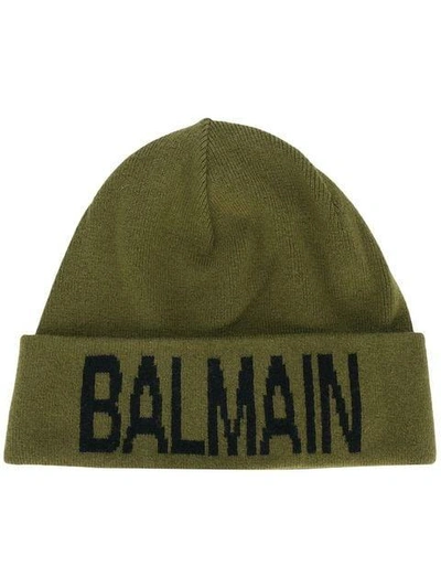 Shop Balmain Branded Beanie In Green