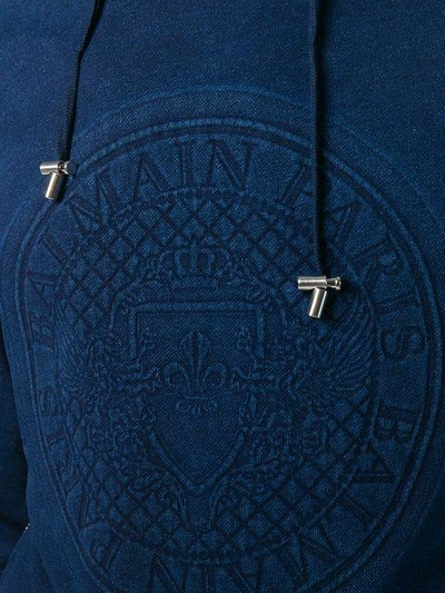 Shop Balmain Logo Embossed Hoodie In Blue