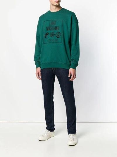 Shop Love Moschino Embroidered Logo Sweatshirt - Green