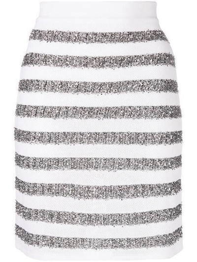 Shop Balmain Glitter Striped Mini Skirt - White