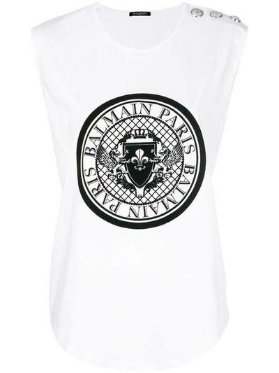 Shop Balmain Logo Printed Tank Top In White