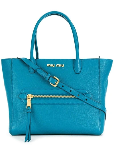 Shop Miu Miu Small Logo Tote Bag - Blue