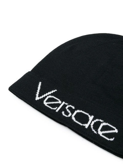 Shop Versace Logo Knitted Beanie - Black