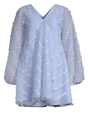 Ganni Rosenfeld Floral-appliquéd Organza Mini Dress In Blue | ModeSens