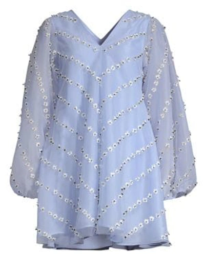 Shop Ganni Rosenfeld Daisy Appliqué Mini Trapeze Dress In Serenity Blue