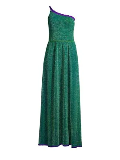 Shop Missoni Lurex One-shoulder Gown In Teal Green Purple
