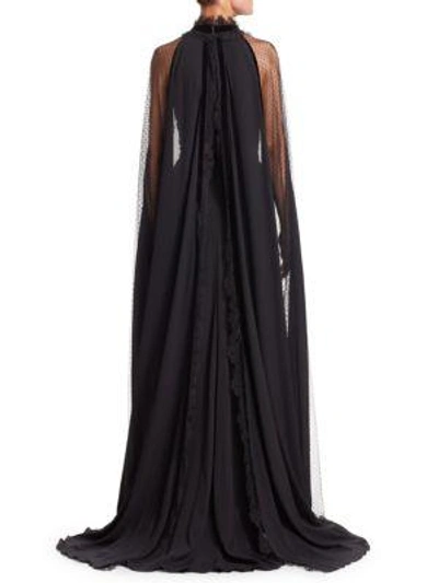 Shop Elie Saab Crepe Georgette & Lace Cape Gown In Black