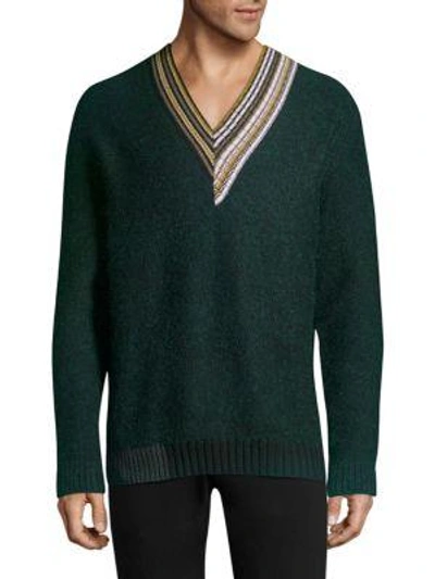 Shop Solid Homme Multi-stripe V-neck Sweater In Green