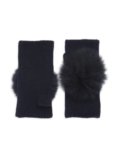 Shop Carolyn Rowan Fox Fur Pom Pom Fingerless Gloves In Navy