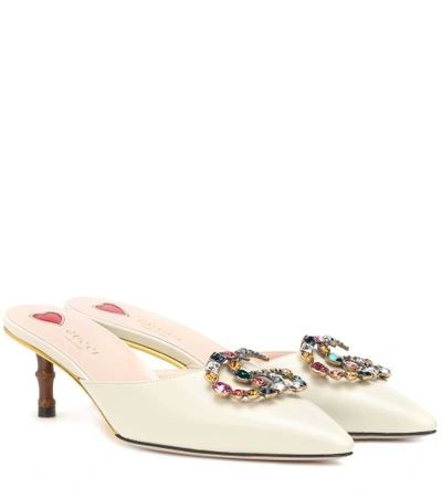 Shop Gucci Embellished Leather Mules In White