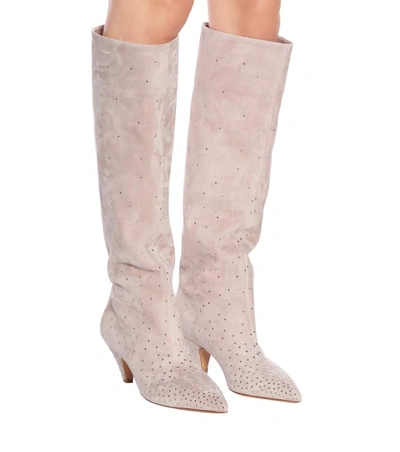 Shop Valentino Embellished Suede Boots In Pink