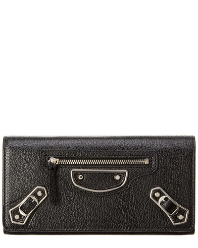 Shop Balenciaga Classic Silver Metallic Edge Money Leather Continental Wallet In Black