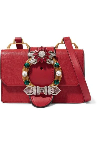 Shop Miu Miu Miu Lady Crystal-embellished Textured And Smooth-leather Shoulder Bag In Red