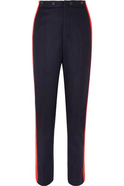 Shop Joseph Annam Striped Wool And Cashmere-blend Felt Straight-leg Pants In Navy