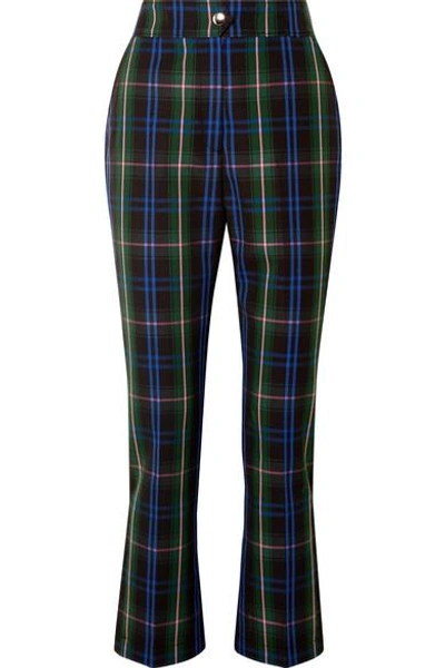 Shop Msgm Button-detailed Checked Twill Straight-leg Pants In Navy