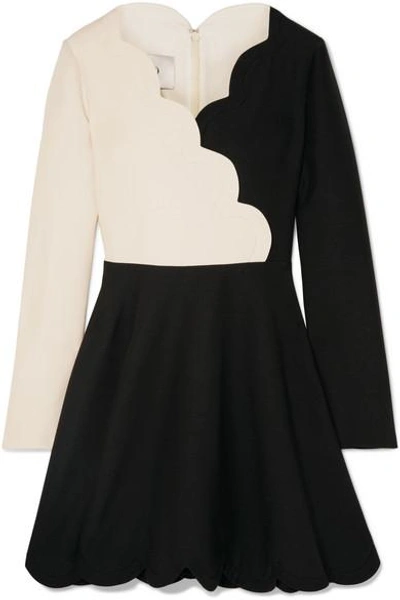 Shop Valentino Scalloped Two-tone Wool And Silk-blend Mini Dress In Black