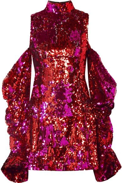 Shop Halpern Cold-shoulder Sequined Tulle Mini Dress In Pink