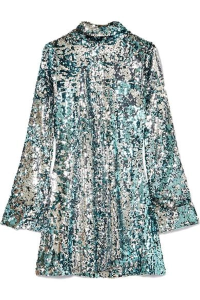 Shop Halpern Sequined Tulle Turtleneck Mini Dress In Blue