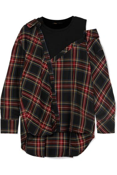 Shop Maje Layered Plaid Twill And Stretch-cotton Jersey Top In Red