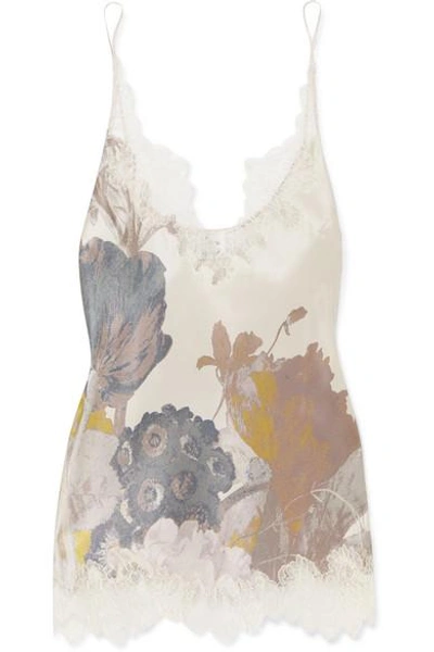 Shop Carine Gilson Chantilly Lace-trimmed Floral-print Silk-satin Camisole In Blush