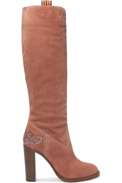 Shop Etro Embroidered Suede Knee Boots In Pink
