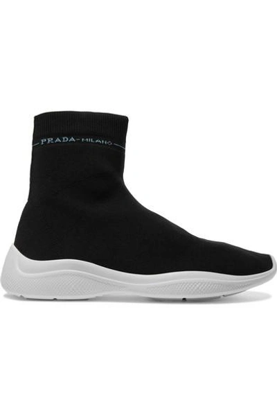 Shop Prada Logo-jacquard Stretch-knit Slip-on Sneakers In Black