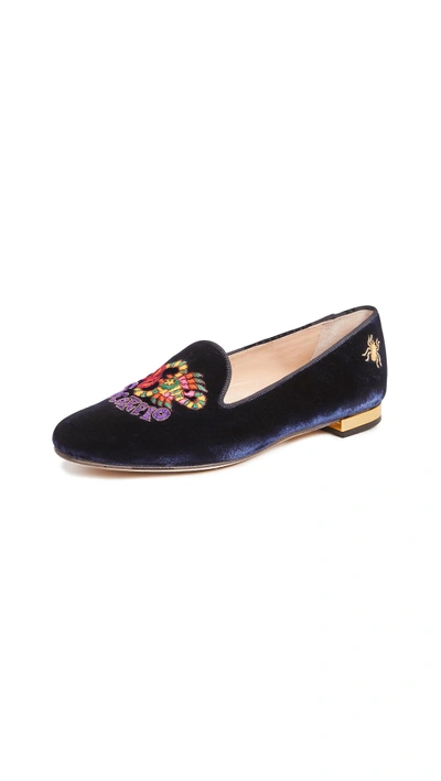 Shop Charlotte Olympia Scorpio Embroidered Flats In Midnight Blue