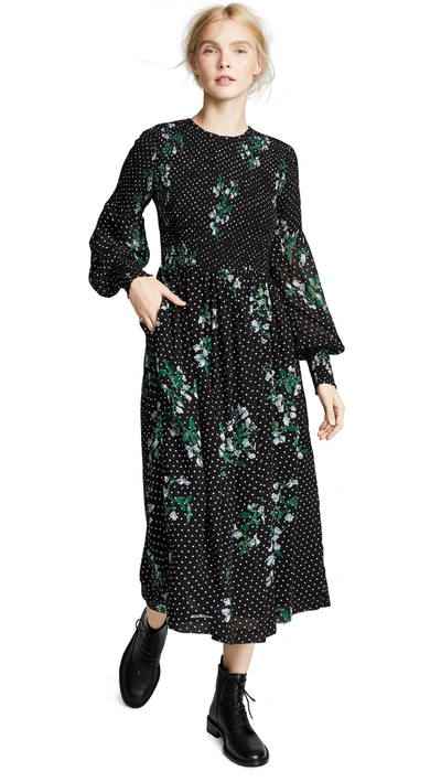 Ganni Rometty Smocked Printed Georgette Midi Dress In Black | ModeSens