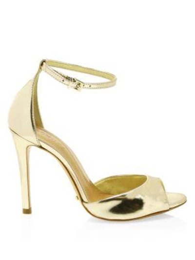 Shop Schutz Saasha Lee Metallic Leather Ankle-strap Heels In Gold