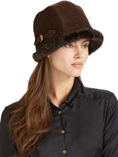 Shop Eric Javits Vail Suede & Faux Shearling Hat In Brown