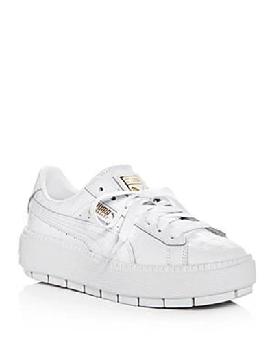 Shop Puma Women's Trace Ostrich-embossed Leather Lace Up Platform Sneakers In  White