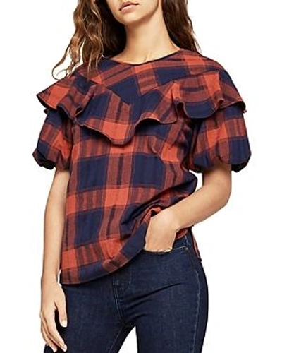 Shop Bcbgeneration Ruffled Plaid Top In Navy Combo