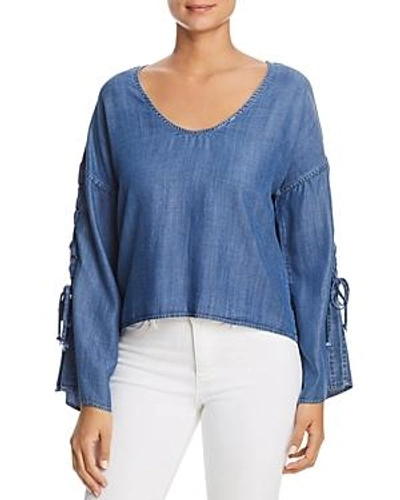 Shop Velvet Heart Chambray Lace-up Top In Blue Jay