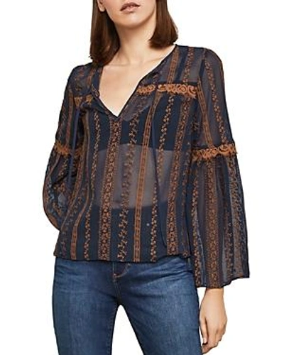 Shop Bcbgmaxazria Embroidered Chiffon Peasant Top In Dark Navy Combo