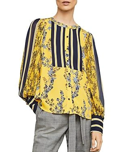 Shop Bcbgmaxazria Striped-inset Botanical Print Top In Yellow Combo