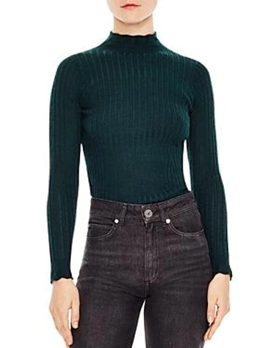 Shop Sandro Scalloped Ribbed Openwork Sweater In Bottle Green