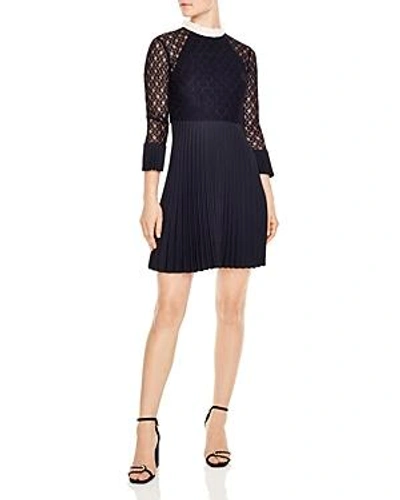 Shop Sandro Battements Pleated Lace-detail Dress In Deep Navy