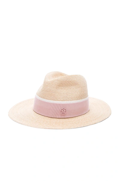 Shop Maison Michel Henrietta Timeless Straw Hat With Thin Canapa In Natural Pink