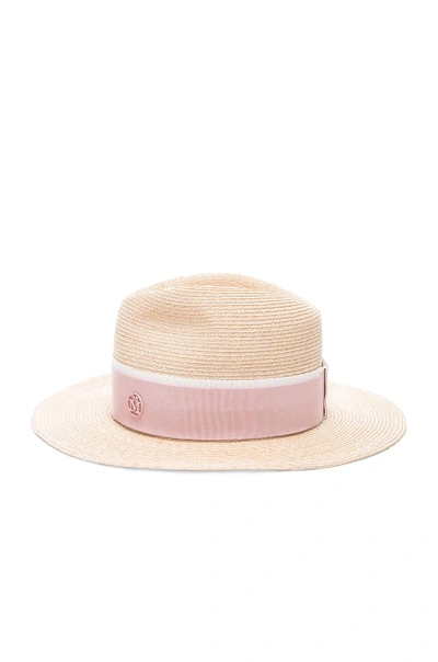 Shop Maison Michel Henrietta Timeless Straw Hat With Thin Canapa In Natural Pink