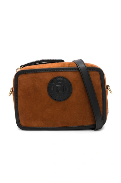 Shop Fendi Mini Suede Logo Emblem Camera Case In Brown In Brown & Black