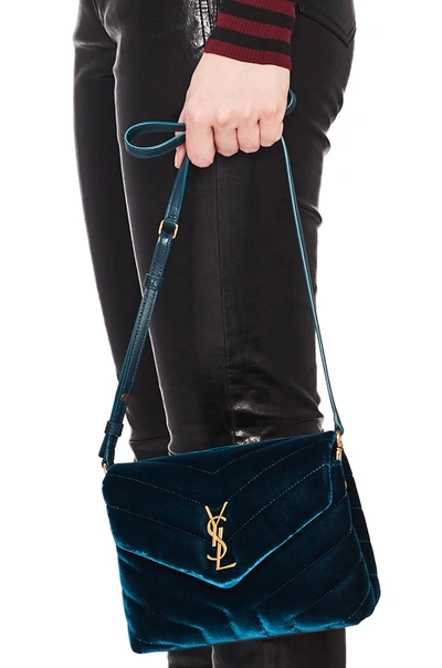 Shop Saint Laurent Toy Velvet & Leather Monogramme Loulou Strap Bag In Blue