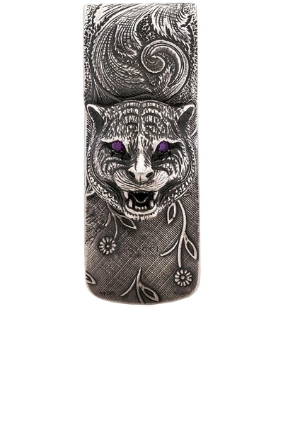 Shop Gucci Feline Head Money Clip In Metallic In Sterling Silver & Purple