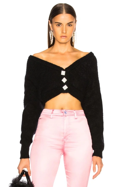 Shop Alessandra Rich Cropped Mohair Off Shoulder Cardigan In Black