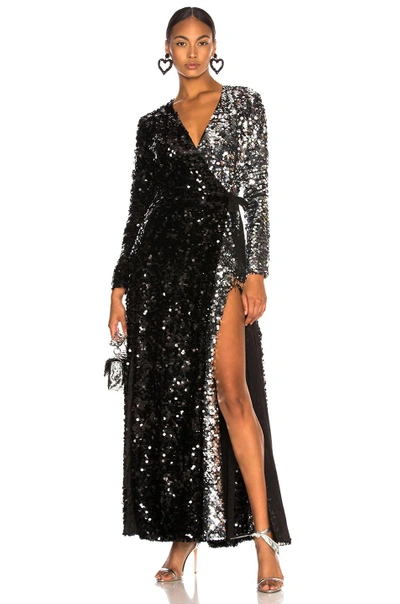 Shop We Are Leone Contrast Sequin Wrap Dress In Black Onyx & Silver